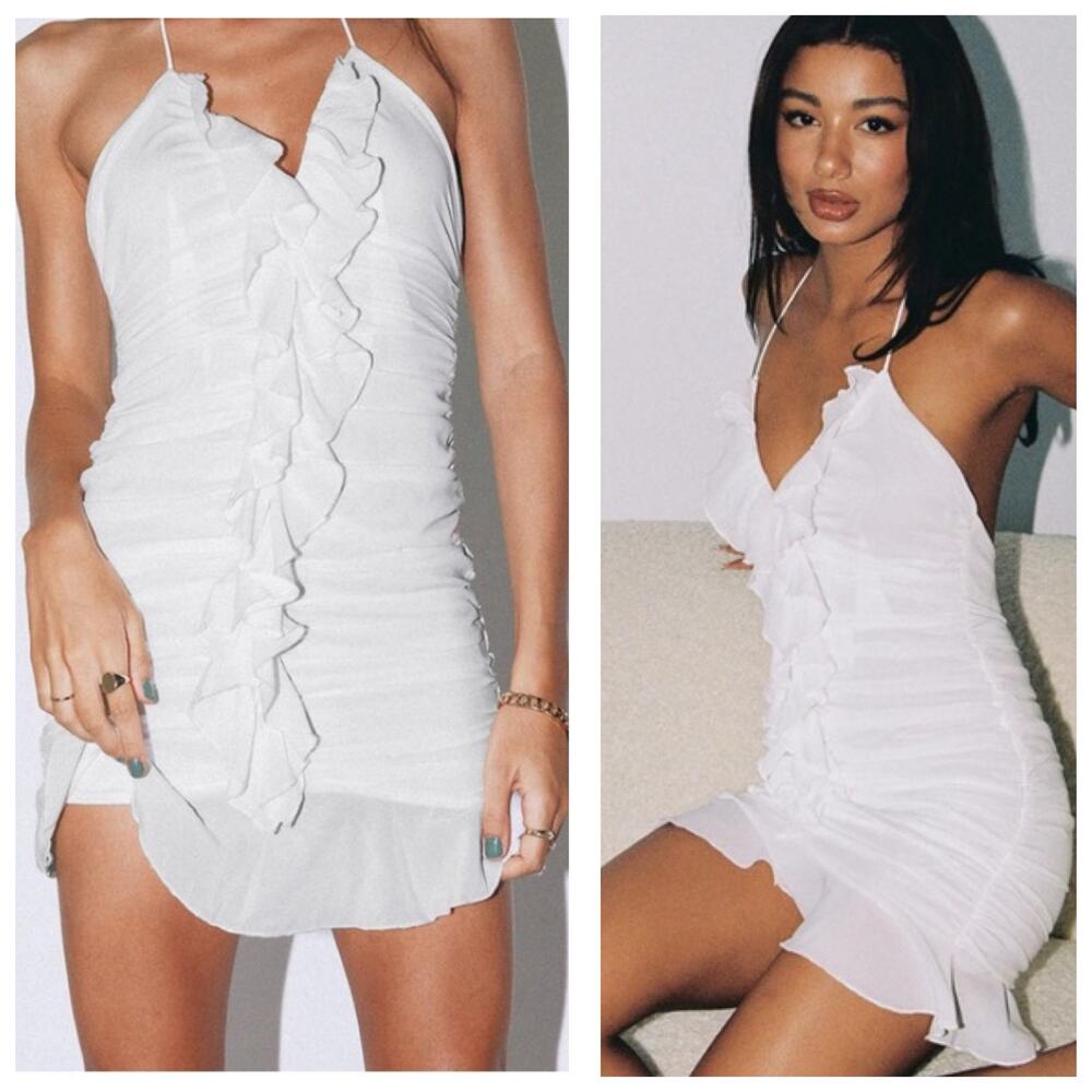 Princess Polly Eddy White Ruffle Mini Dress Size 10 Halter Chiffon Bridal Sexy